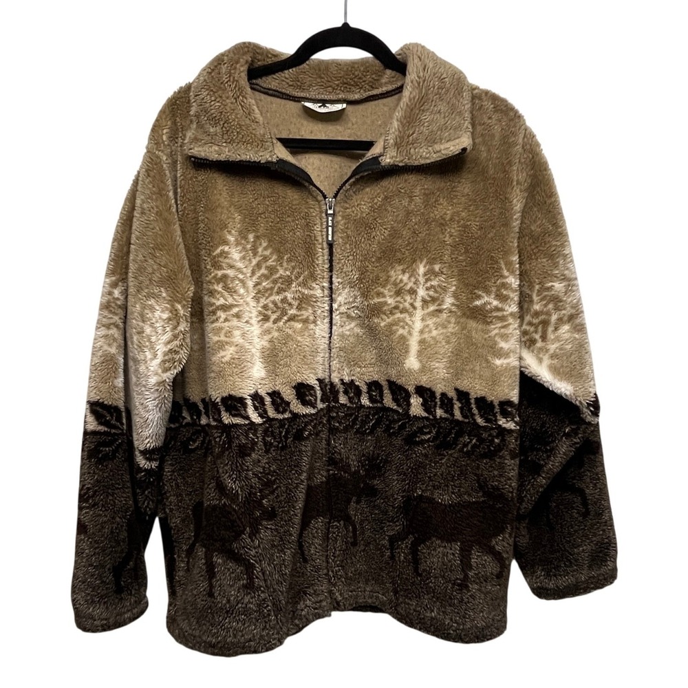 Black Mountain Fleece Jacket Mens Medium Brown Moose Tree Scenic Full Zip USA